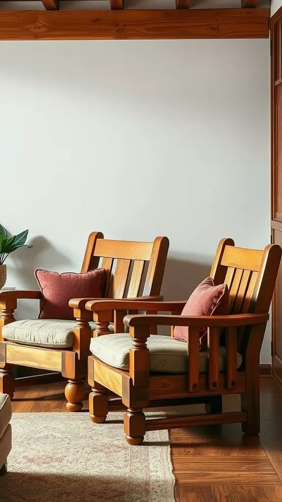 Two rustic wooden armchairs with cushions, placed in a living room.