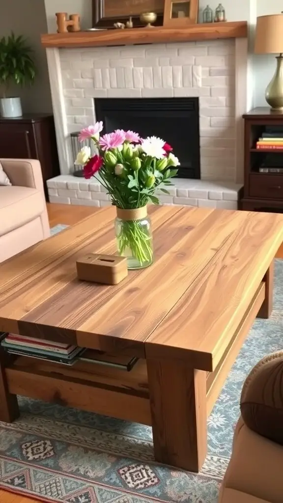 A rustic wooden coffee table with flowers and books in a cozy living room