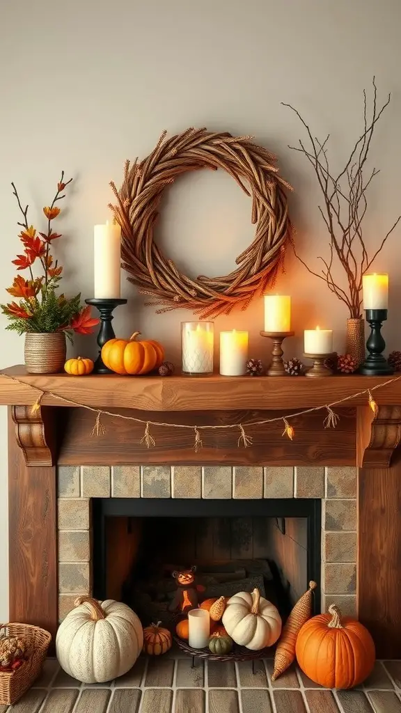 A rustic wooden fireplace mantel decorated with a wreath, candles, pumpkins, and pinecones.