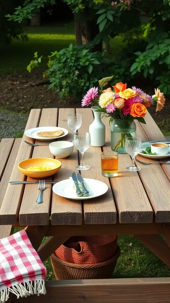 A rustic wooden picnic table set with plates and flowers, ready for a summer meal.