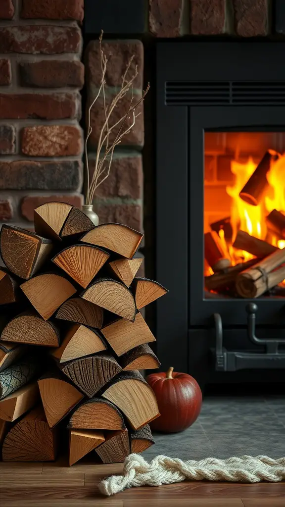 A cozy fireplace with stacked firewood and a small pumpkin, creating a warm fall atmosphere.