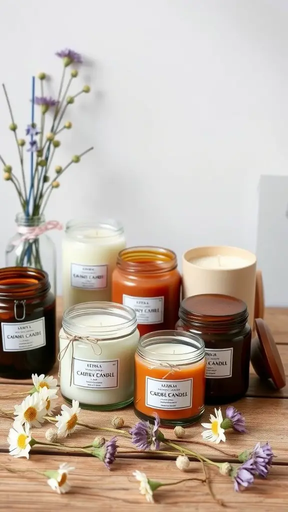 An assortment of scented soy candles displayed with flowers on a wooden table.
