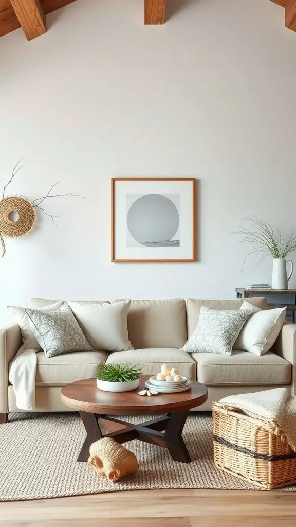 Cozy living room with a neutral sofa, decorative pillows, round coffee table, and natural elements