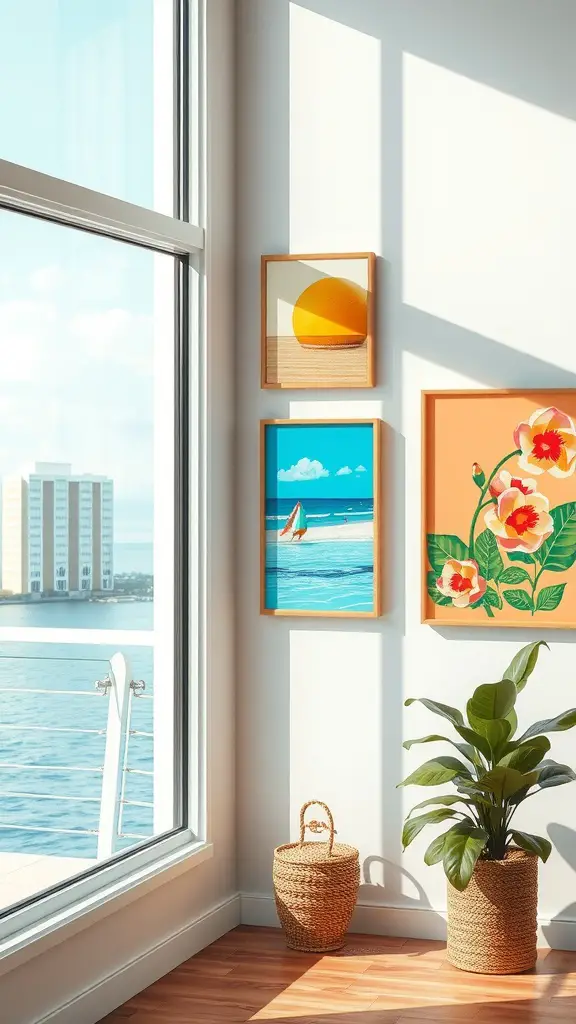 Bright summer artwork displayed on a wall near a window, with plants and a view of water.