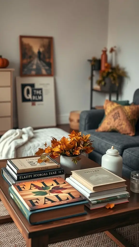 A cozy living room setup with a coffee table displaying seasonal books about fall and a small vase with autumn leaves.