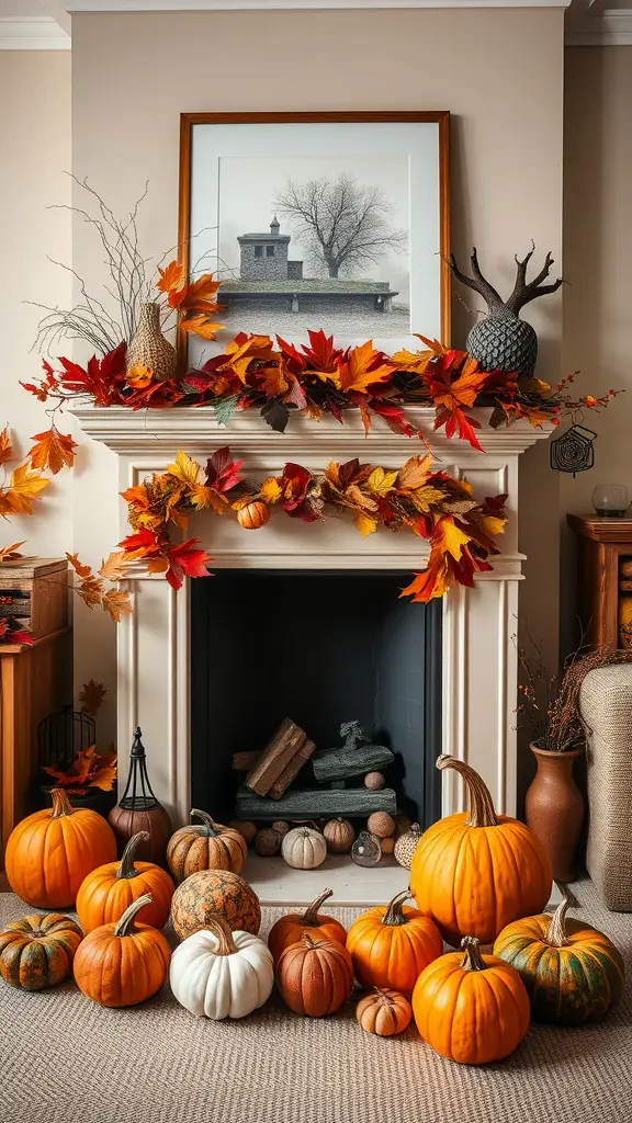 Autumn decor around a fireplace featuring pumpkins and fall leaves