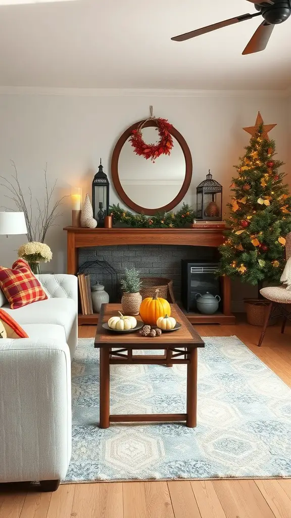 A cozy farmhouse living room decorated for fall with pumpkins, a wreath, and warm lighting.
