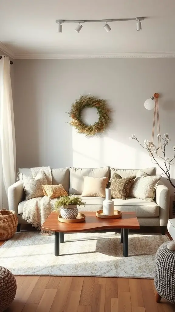 A cozy living room featuring a light-colored sofa with pillows, a wooden coffee table, and a seasonal wreath on the wall.