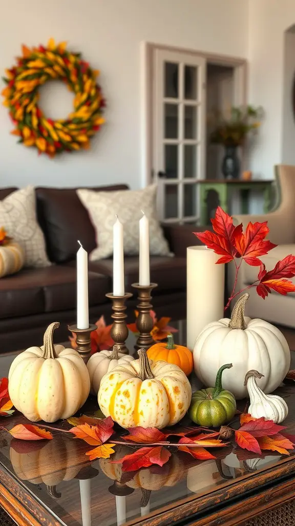 A cozy living room table with pumpkins, candles, and autumn leaves.