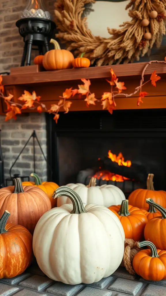 A cozy fireplace with a variety of pumpkins in seasonal colors, creating a warm fall decor.