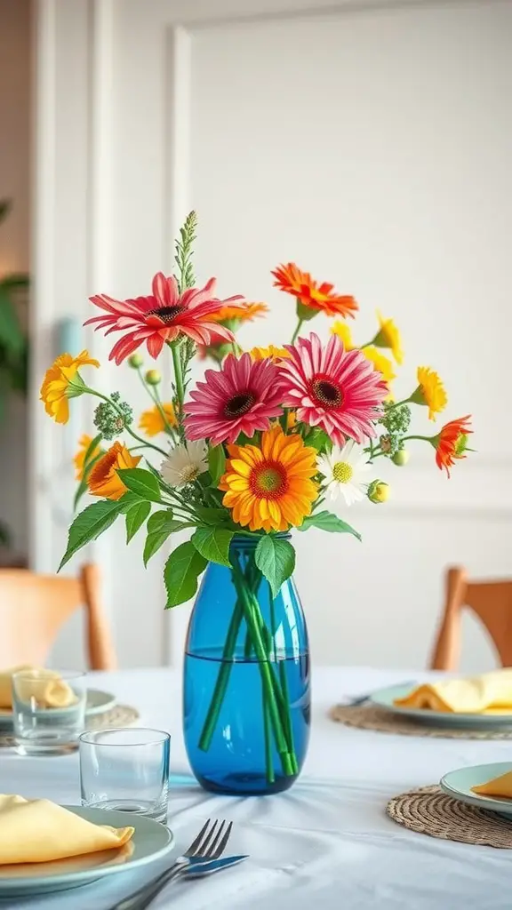 A colorful table centerpiece with fresh flowers in a blue vase surrounded by plates and glasses.