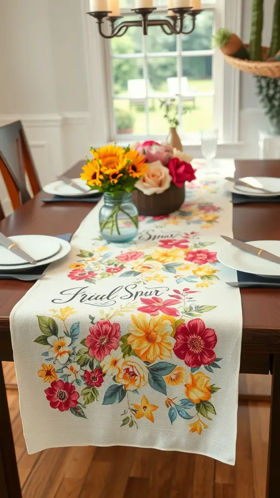 A colorful floral table runner on a dining table with sunflowers and a vase.