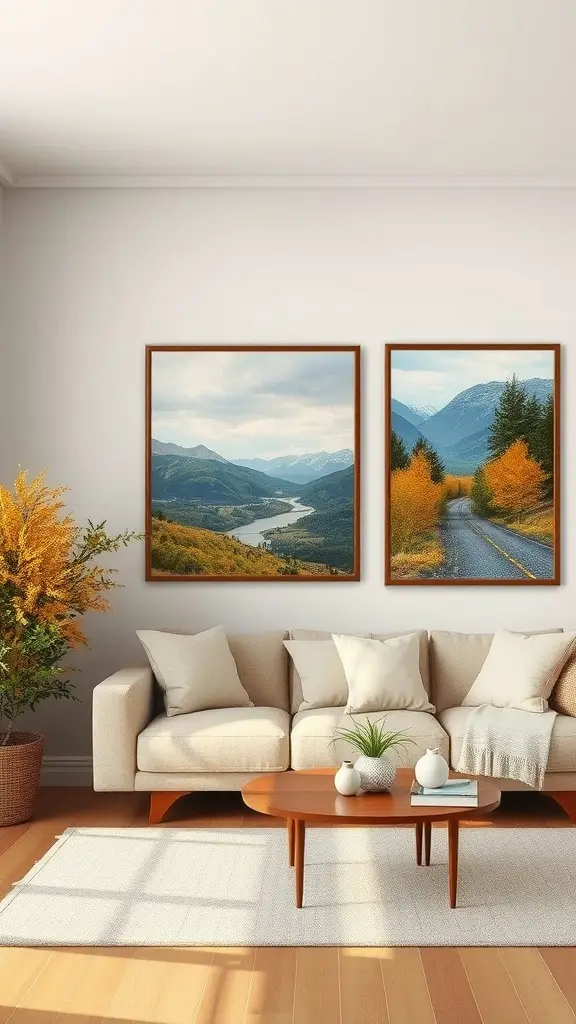 A cozy living room with seasonal wall art displaying autumn landscapes, featuring a couch and plants.