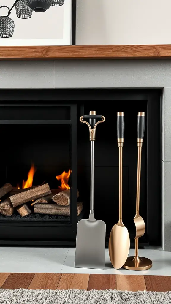 A sleek fireplace tools set featuring a shovel and brush with a modern fireplace in the background.