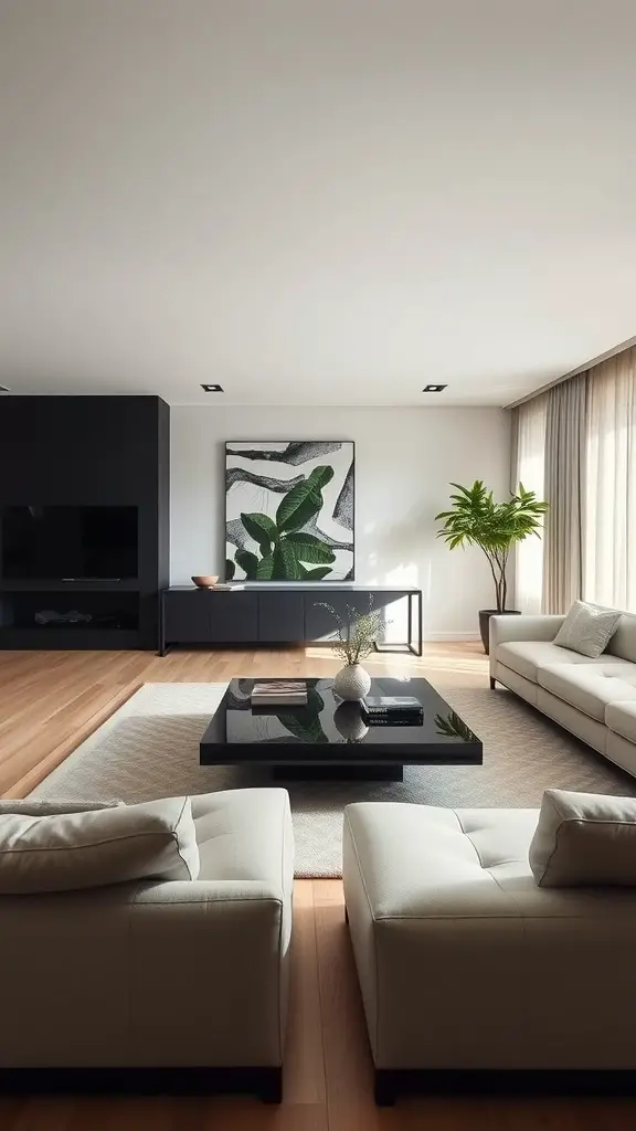 A minimalist living room with sleek furniture, featuring light sofas, a dark coffee table, and a large plant.