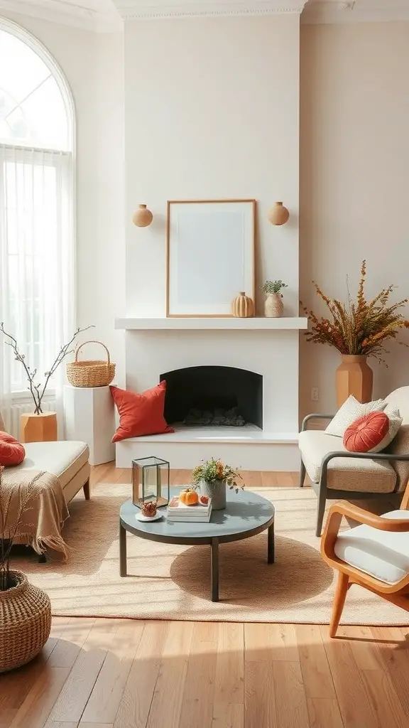 A cozy living room featuring a soft color palette with red and orange accents, natural elements, and a fireplace.