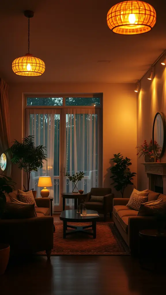 Warmly lit living room with soft lighting fixtures and cozy furniture.