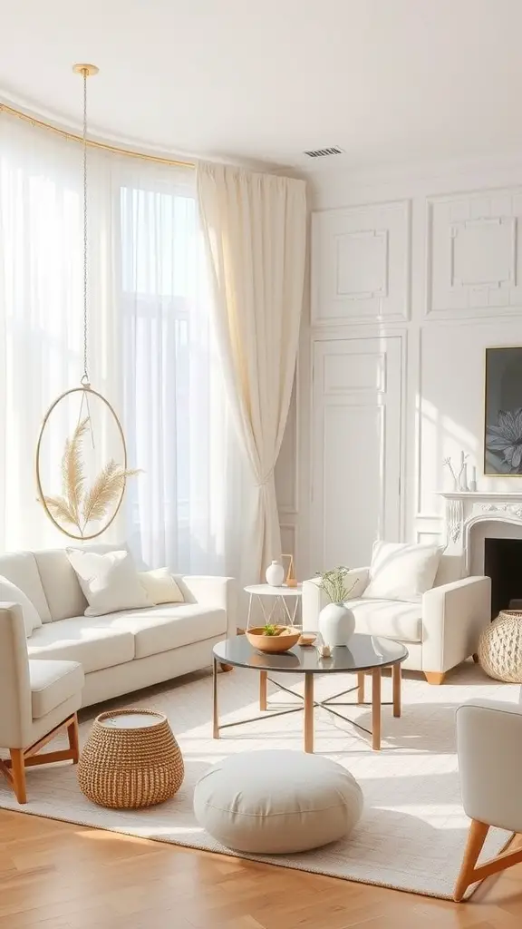A bright living room with soft white accents, featuring large windows, white furniture, and a dark coffee table.