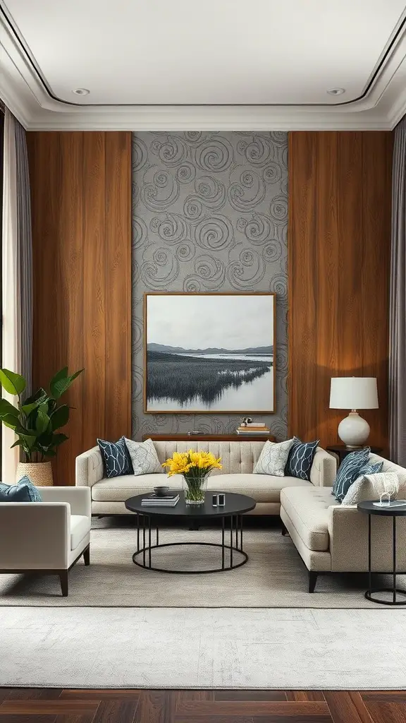 A sophisticated living room with wooden wall panels, a patterned wall treatment, a light-colored sofa, and vibrant decorations.