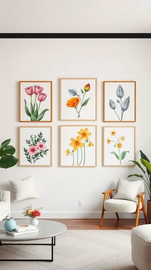 A display of spring-inspired floral wall art in wooden frames, set against a light wall.