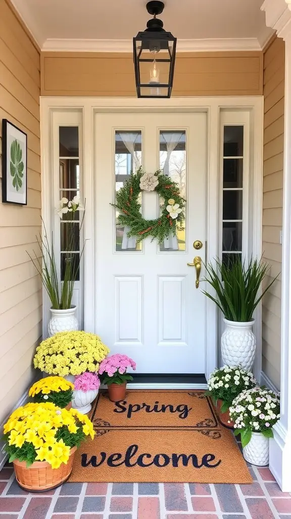 Spring-themed entryway with welcome mats and colorful flower pots.