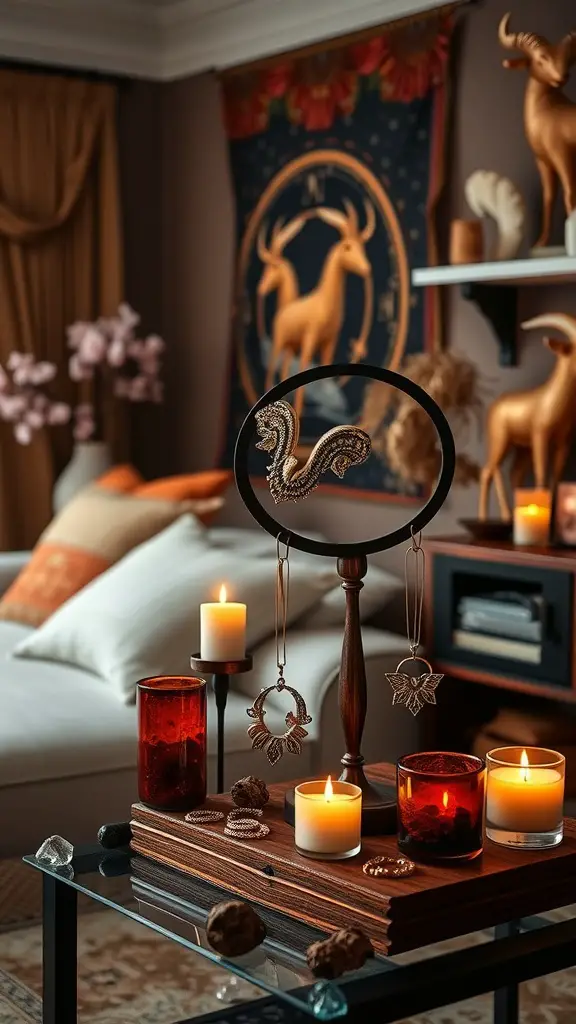 A cozy jewelry display featuring Aries-themed jewelry on a wooden stand with candles and a tapestry in the background.