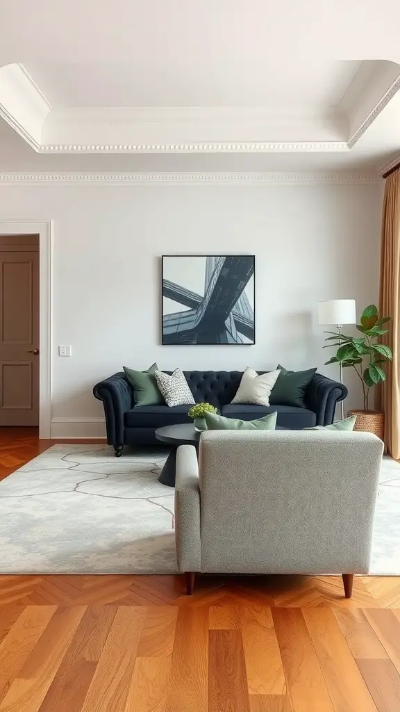 A cozy living room featuring a navy blue sofa, light gray armchair, and stylish coffee table on wood floors.