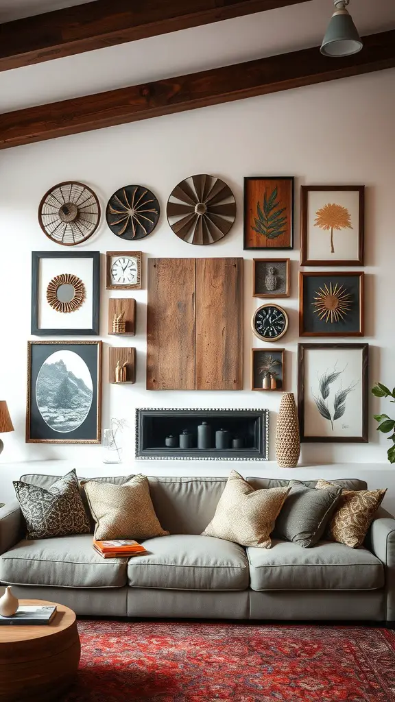 A cozy living room featuring a statement wall with various art pieces and a neutral-toned sofa with decorative pillows.