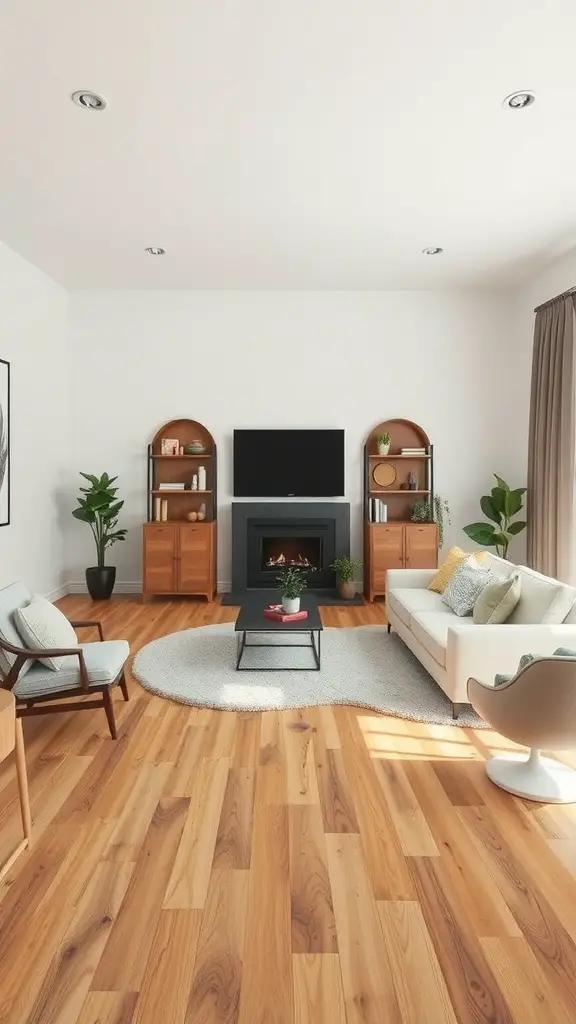 A cozy living room with wood floors, a sofa facing a fireplace and TV, two chairs, and a round rug.