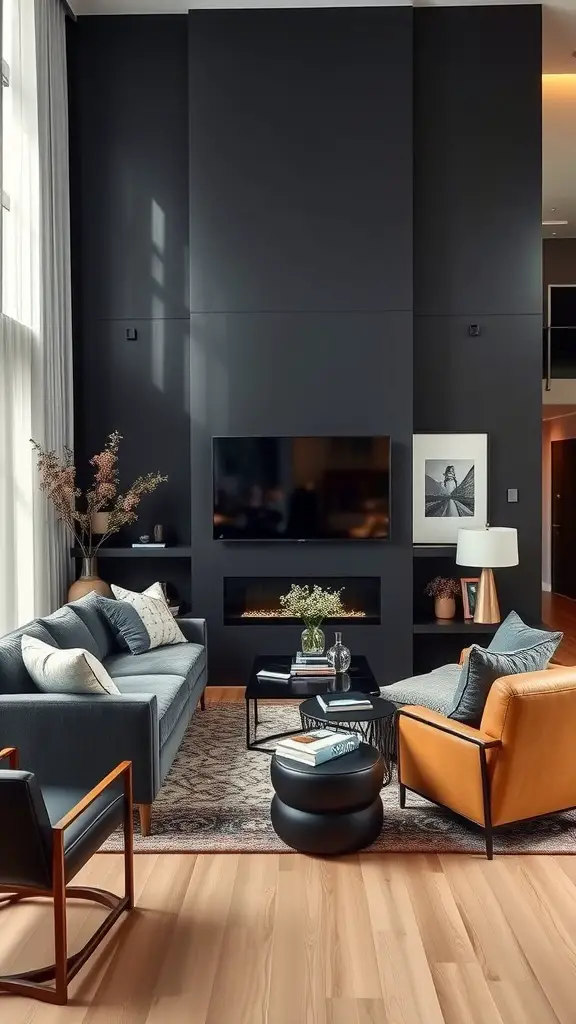 A modern living room featuring a striking black accent wall with gray sofa, orange chairs, and wooden flooring.