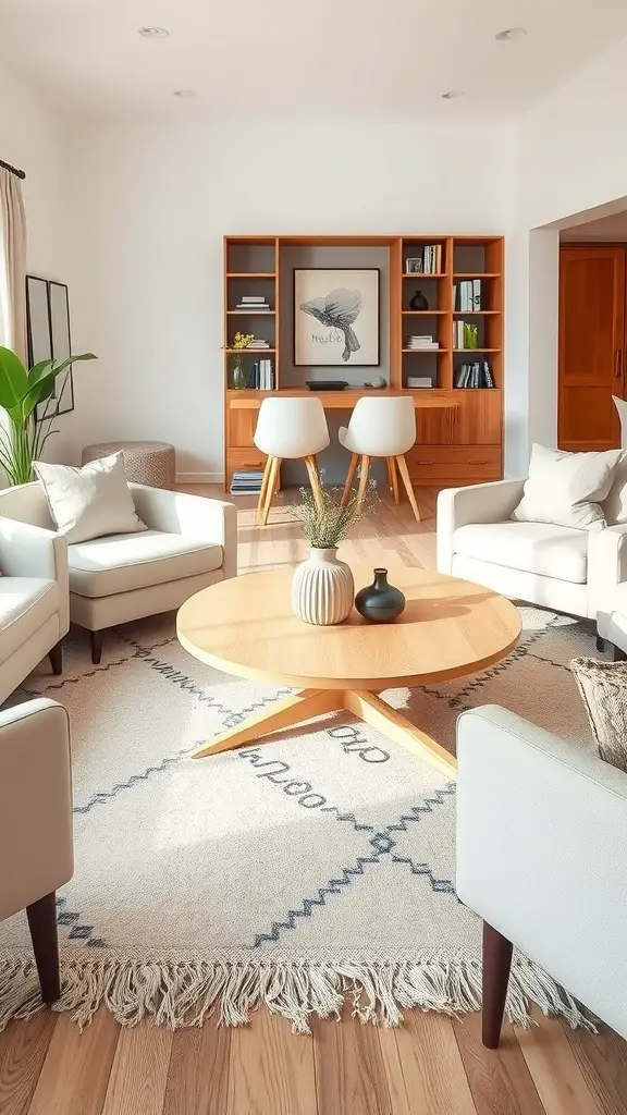 A stylish round wooden coffee table in a beige and white living room, surrounded by comfortable chairs and a decorative rug.