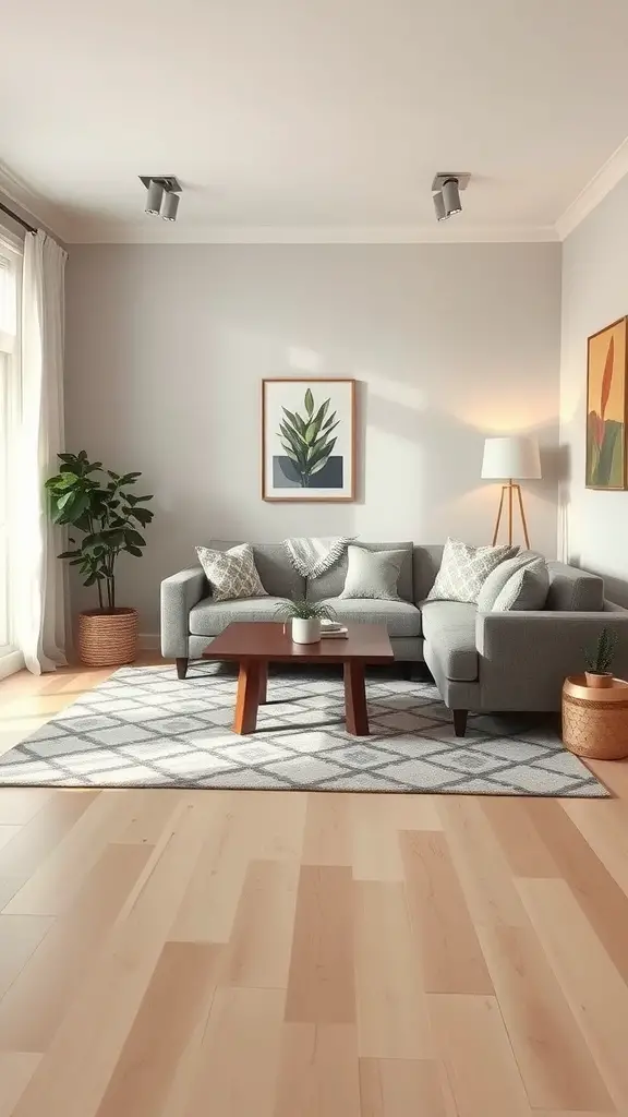 A modern living room featuring a gray sofa, geometric rug, plants, and artwork, creating a stylish and inviting space.