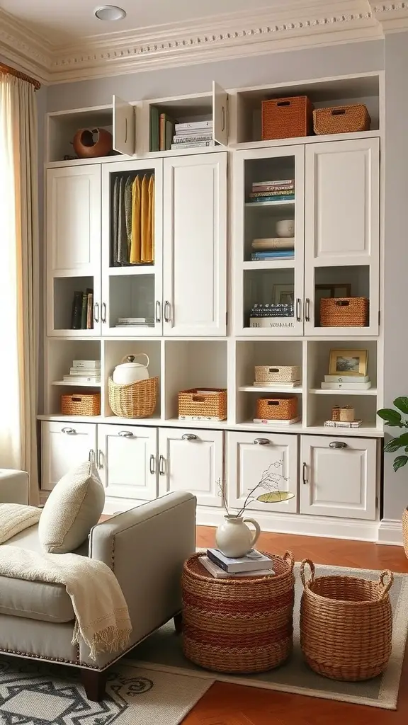 A stylish living room with organized storage solutions, featuring a white cabinet with baskets and books.