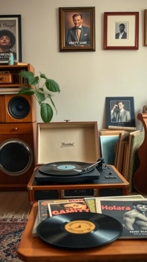 A vintage record player with vinyl records on a wooden table, surrounded by framed portraits on the wall.