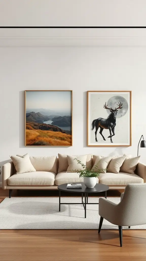 A serene living room featuring two art pieces: a landscape painting and an illustration of a deer.