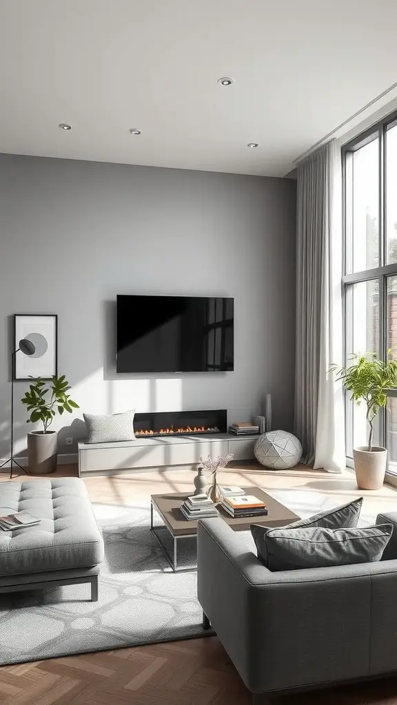 A modern living room featuring subtle gray shades on the walls, furniture, and decor elements.