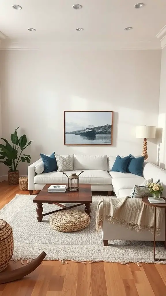 A coastal living room featuring a white sectional, blue pillows, a wooden coffee table, and nautical-themed decor.