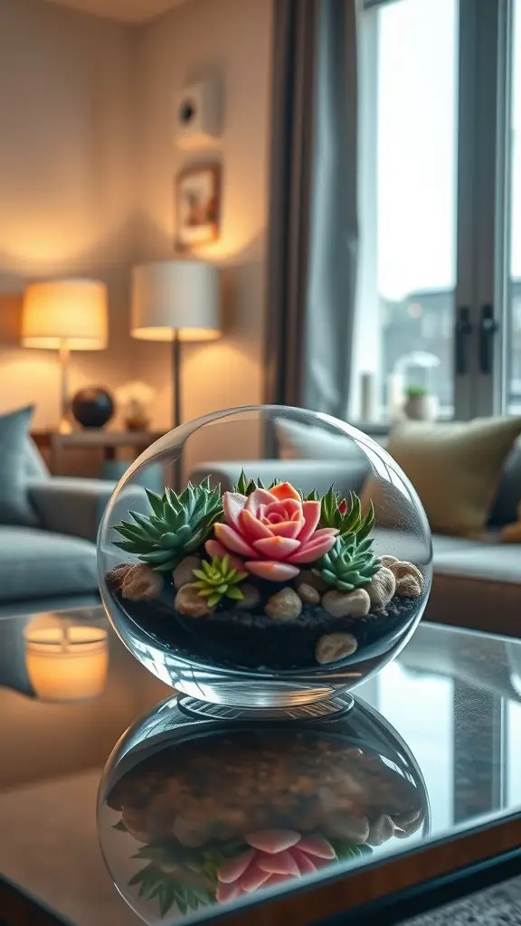 Succulent terrarium centerpiece on a coffee table in a cozy living room