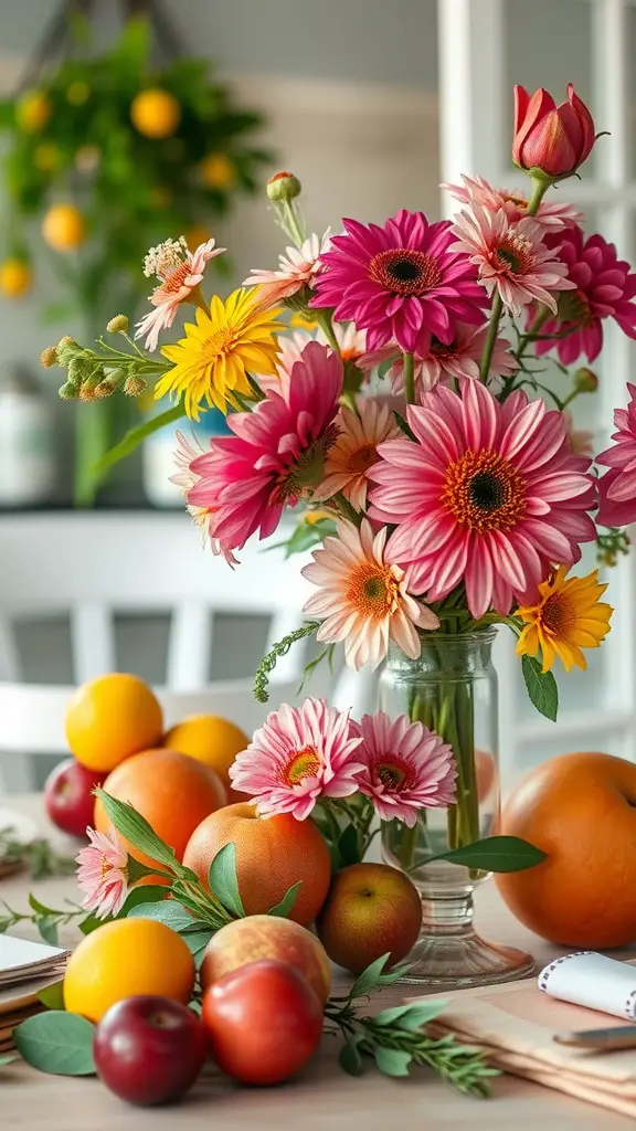 A vibrant summer centerpiece featuring colorful flowers and fresh fruits.