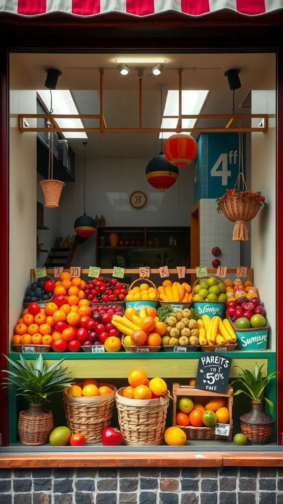 A vibrant summer fruit stand display featuring various fruits in baskets with price signs.