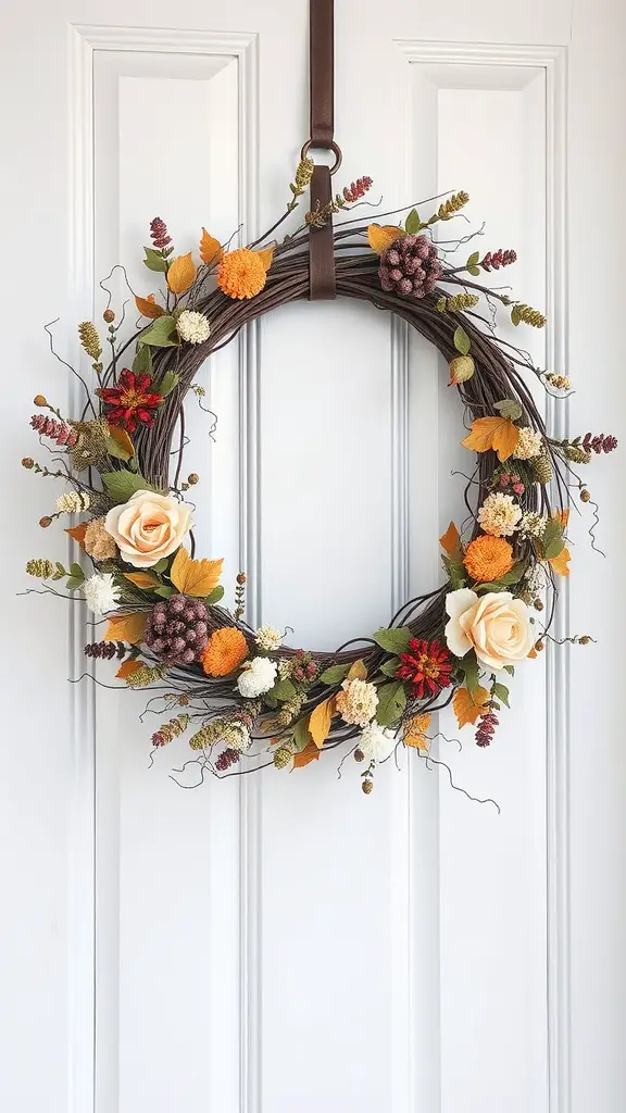 A summer wreath made of faux flowers and leaves hanging on a white door.
