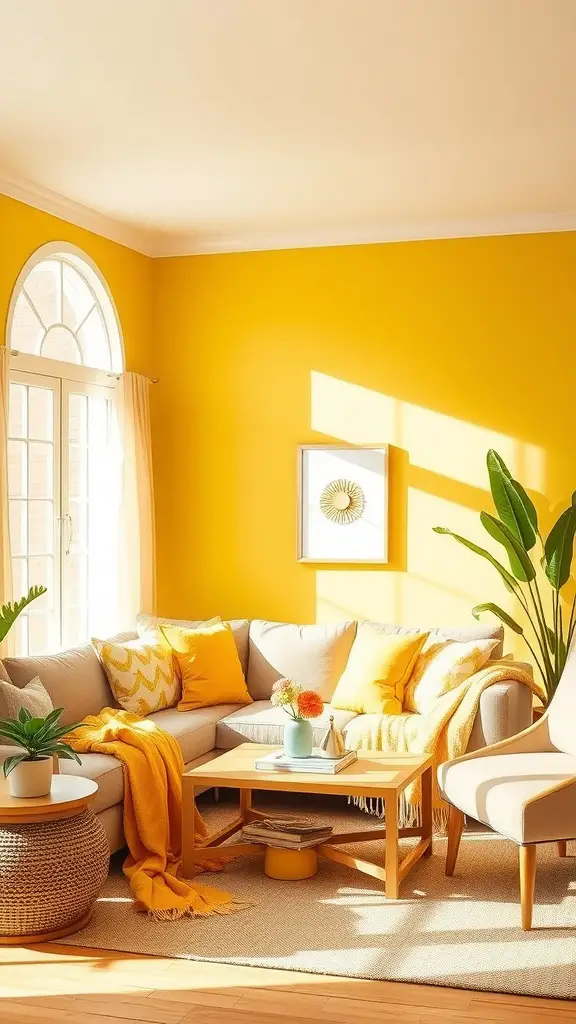 Cozy living room with yellow walls, beige sofa adorned with yellow pillows, potted plants, and a light wood coffee table.