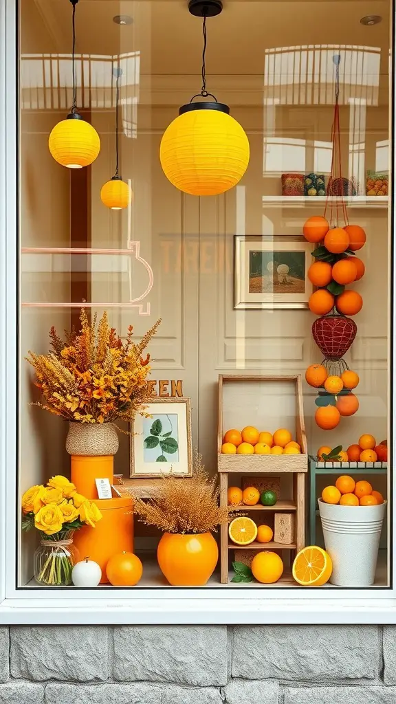 A vibrant window display featuring various citrus fruits, predominantly oranges and lemons, arranged in a lively and colorful setup.