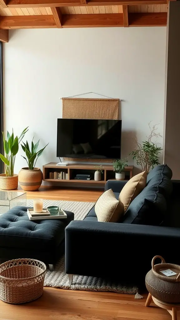 Cozy living room with a black sofa, potted plants, and natural decor elements.