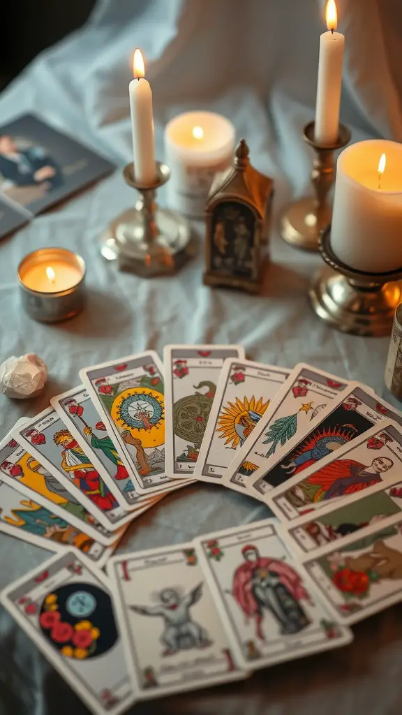 A display of tarot cards arranged on a soft surface, surrounded by candles and a decorative lantern.