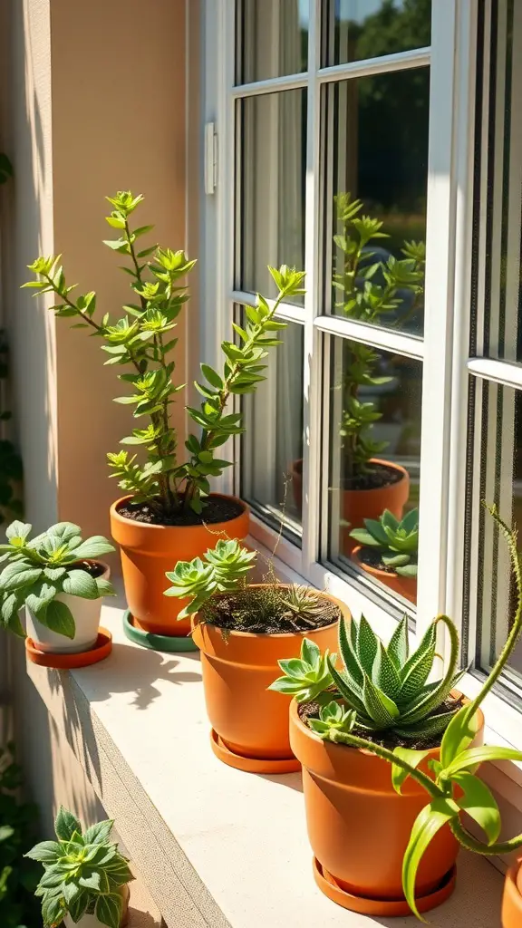 Terracotta planters with various succulents on a windowsill