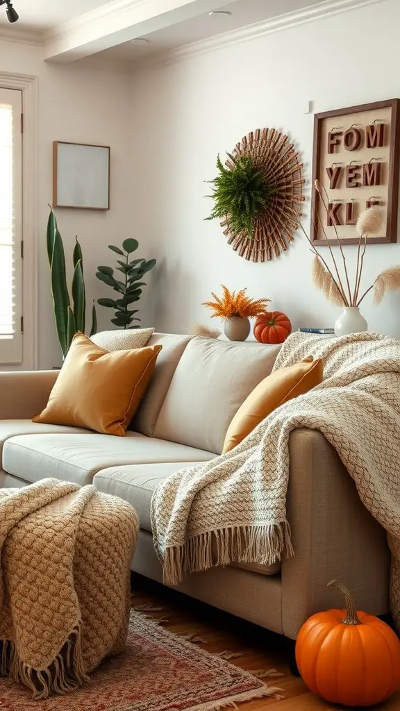 A cozy living room with a textured blanket draped over a sofa, featuring warm colors and fall decor.