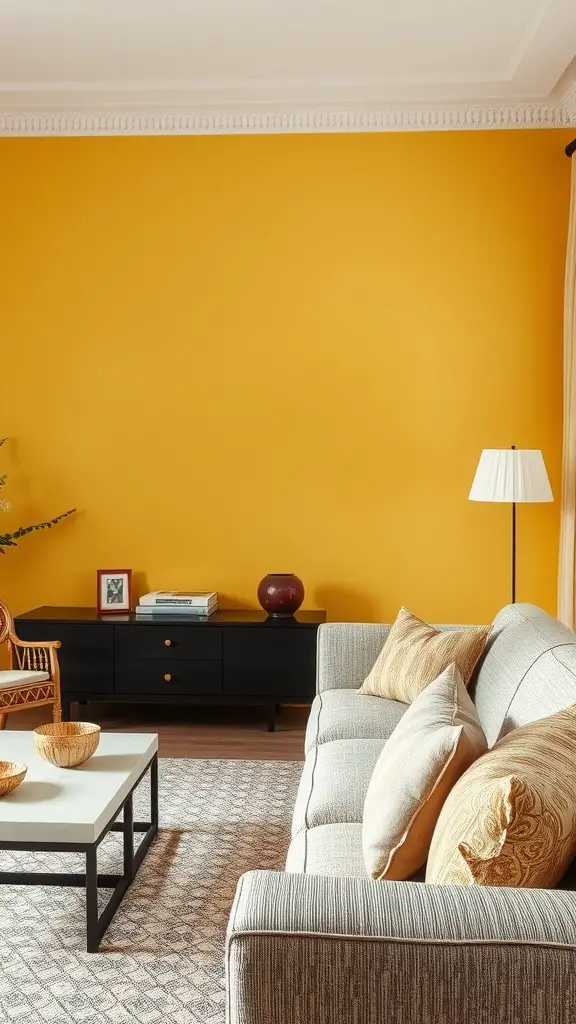 Living room with yellow walls, textured couch, and patterned rug