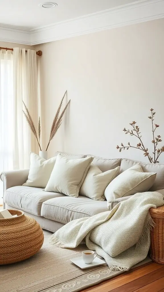 A cozy living room featuring a beige sofa with plush cushions, a knitted throw, and a woven ottoman for a comfortable coastal vibe.