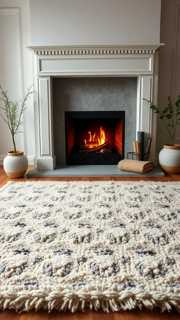 Textured rug in front of a fireplace in a cozy living room
